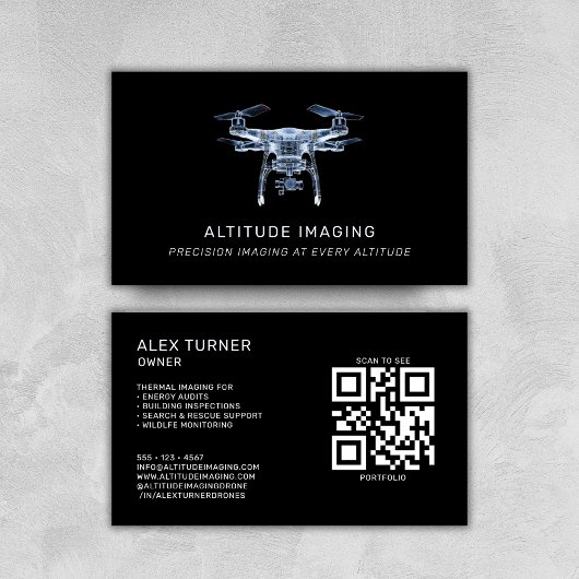 Drone Pilot UAV Fotografie QR Code Modern Zwart Visitekaartje