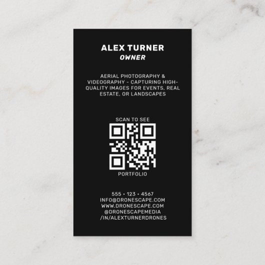 Drone UAV Pilot Fotografie QR Code Modern Zwart Visitekaartje (Achterkant)