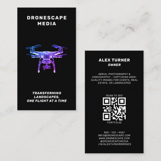 Drone UAV Pilot Fotografie QR Code Modern Zwart Visitekaartje (Voorkant / Achterkant)