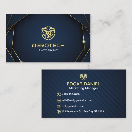 Drone Visitekaartjes Navy Gold Modern (Voorkant / Achterkant)
