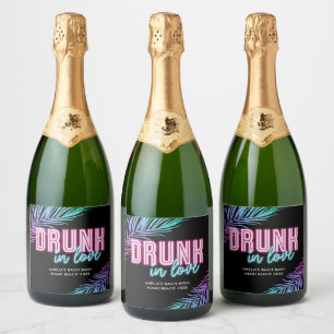 Dronken in Love Neon Blauw & Roze Tropisch Bach Sparkling Wijnetiket