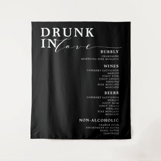 Dronken in Love Zwart Wit Bruiloftsbar Menu Bord Wandkleed (Voorkant)