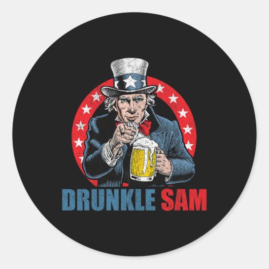 Dronken Oom Sam Grappige 4e Juli Oom Sam USA Bier Ronde Sticker (Voorkant)