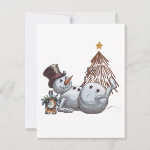 Dronken sneeuwman met een fles whisky. notitiekaartje