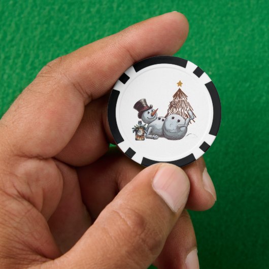 Dronken sneeuwman met een fles whisky. poker chips (Hand)