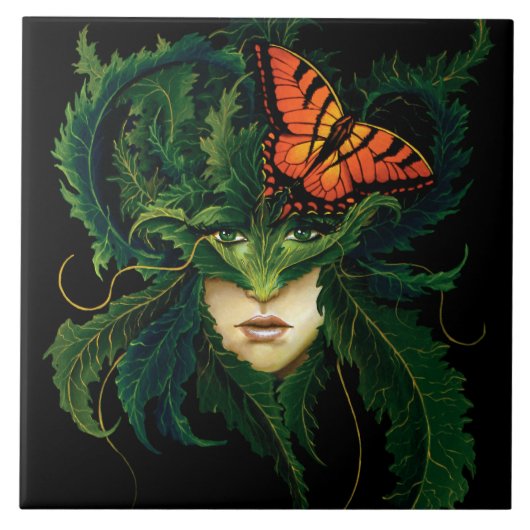 Droog groen blad vlinder tegeltje (Voorkant)