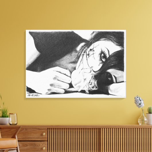 Droog meisje met roos Surrealistische tekenkunst Canvas Afdruk (Insitu (Woonkamer))
