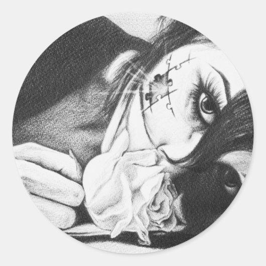 Droog meisje met roos Surrealistische tekenkunst Ronde Sticker (Voorkant)
