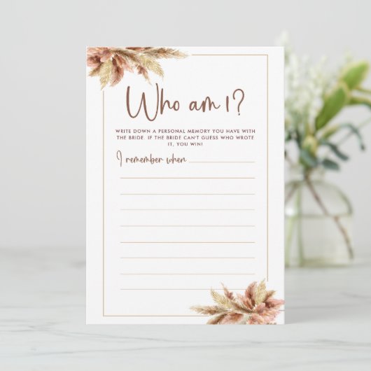 Droog Pampas Gras Wie Ben Ik Bruids douche spelkaa Kaart (Staand voorkant)