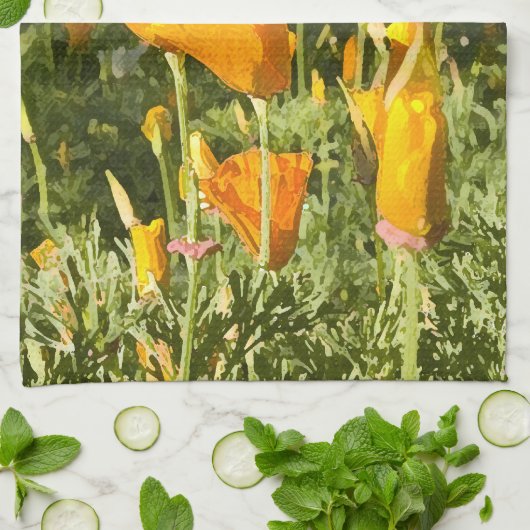 Droog penseeleffect op Californische papaverfoto Theedoek (Gevouwen)