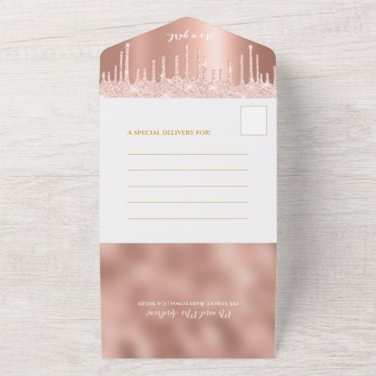 Droog Roos Gold Glitter Baby shower All In One Uitnodiging (Buitenkant)