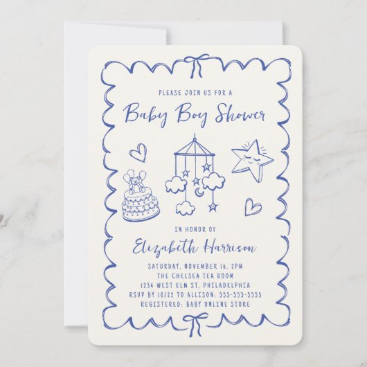 Droom blauwe golvende rand baby jongen shower kaart (Voorkant)