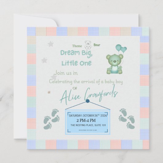 Droom groot kleine baby shower uitnodiging | Teddy (Voorkant)