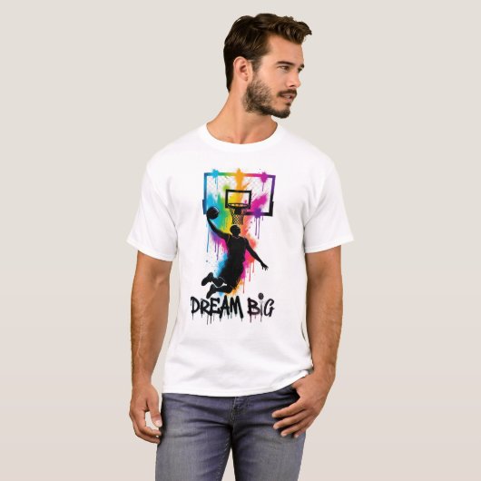 Droom Groot | Levendig Basketbal Slam Dunk Kleur  T-shirt (Voorkant volledig)