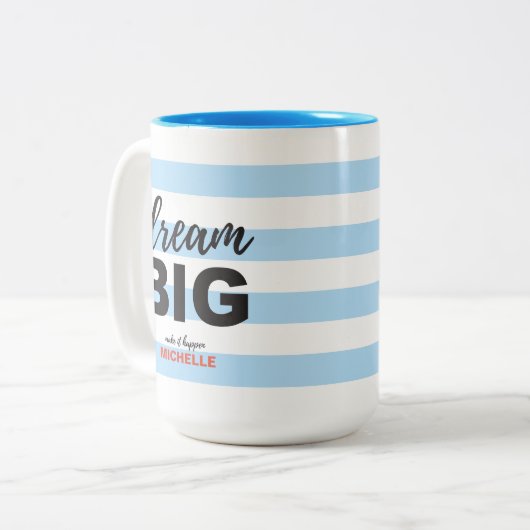 Droom groot, Script tekst, gepersonaliseerd, aange Tweekleurige Koffiemok (Voorkant links)
