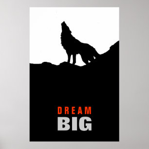 Droom Grote Motivatie Wolf op Hill Zwart Wit Poster