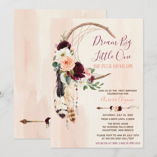 Droom Grote Peach & Bourgondië Boho Eerste Verjaar Kaart (Voorkant / Achterkant)