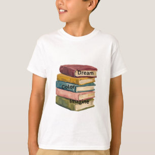 "Droom, Kleur, Verbeeld" Gestapelde Boeken Kindere T-shirt
