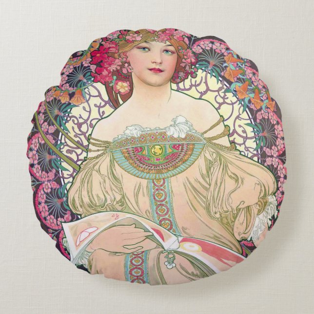Droom (Lente), Alphonse Mucha Kussenhoes Rond Kussen (Voorkant)