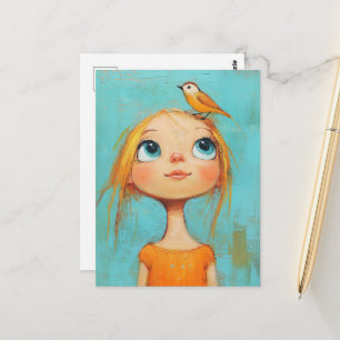 Droom meisje met vogel op haar hoofd briefkaart