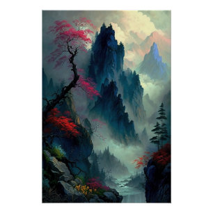 Droom Misty Mountain Landscape Glossy Poster