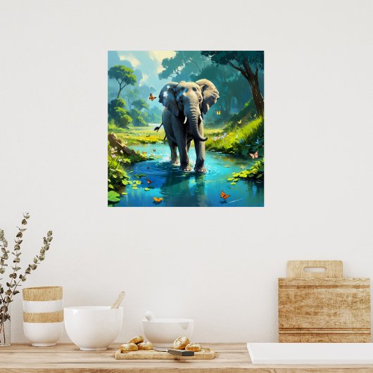 Droom Olifant met Vlinders in Rivier Poster (Keuken)