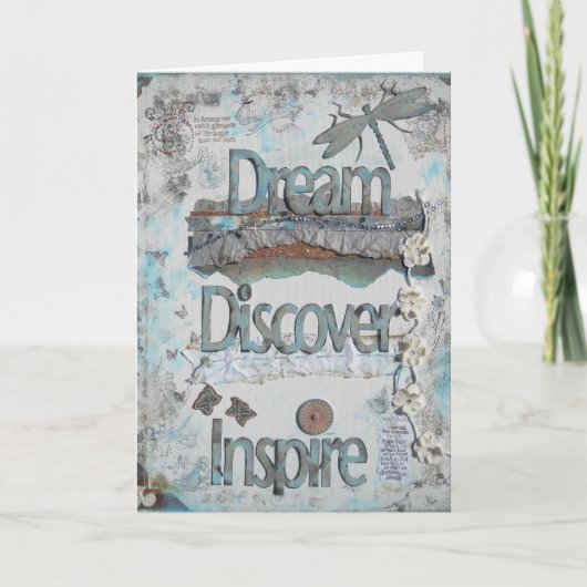 Droom, ontdek, inspireer collage kunst kaart (Voorkant)