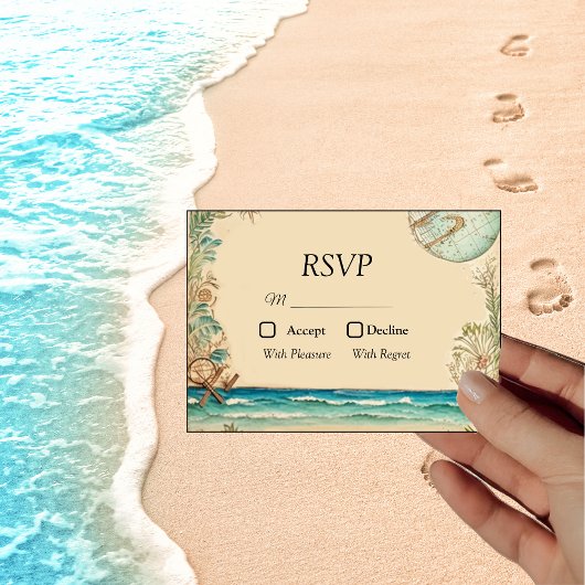 Droom strand gethematiseerde bruiloft RSVP kaartje