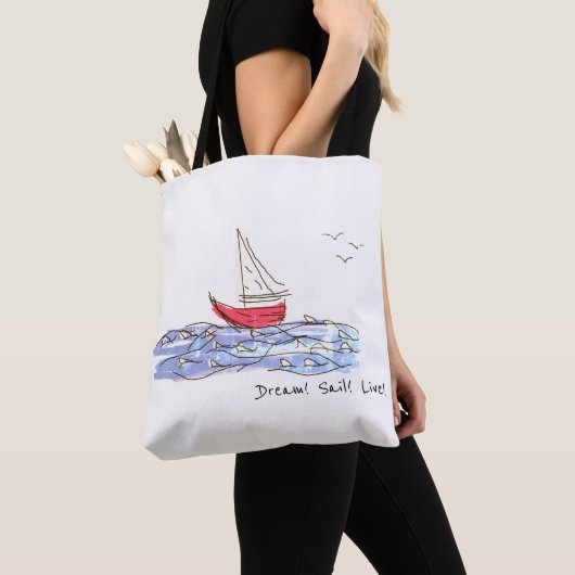 Droom Zeil Live Zee Boot Meeuwen Schets Boodschapp Tote Bag (Dichtbij)