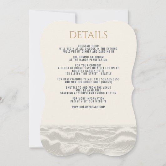 Droomachtig Blauw Strand met Details Bruiloft Uitn Kaart (Achterkant)