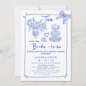 Droomachtig blauwe met de hand getekende theeparty kaart (Voorkant)