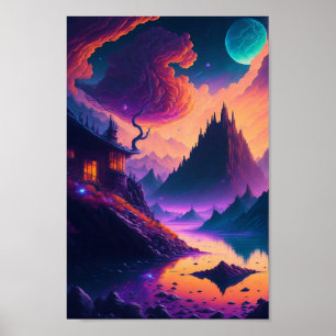 Droomachtig psychedelisch landschap, ai. Gegeneree Poster