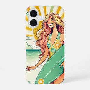 Droomachtig Surfmeisje met een Surfplank iPhone 16 Hoesje