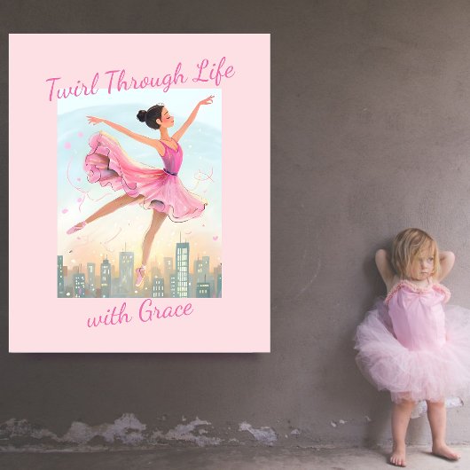 Droomachtig tollend balletdanseresje boven de stad canvas afdruk