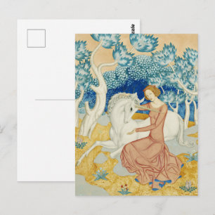 Droomachtige Blauwe Bos Eenhoorn & Meisje Kunst Briefkaart