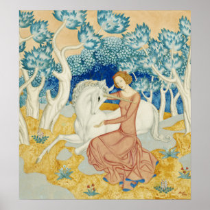 Droomachtige Blauwe Bos Eenhoorn & Meisje Kunst Poster