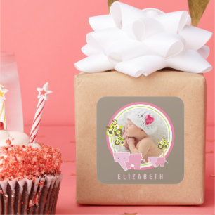 Droomachtige Roze Olifanten Familie Meisje Baby Fo Vierkante Sticker