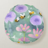 Droomachtige Roze Paarse Bloemen Hommels Weide Rond Kussen (Voorkant)