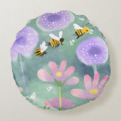 Droomachtige Roze Paarse Bloemen Hommels Weide Rond Kussen (Achterkant)