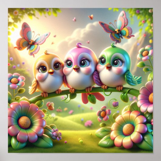 Droombeeld Trio van Lente Zangvogels Poster (Voorkant)