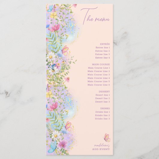 Droombeeld Wilde Bloemen Tuin Bruiloft Shower Menu (Voorkant)