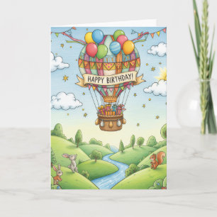 Droombeeldige Hete Luchtballon Bos Verjaardagskaar Kaart