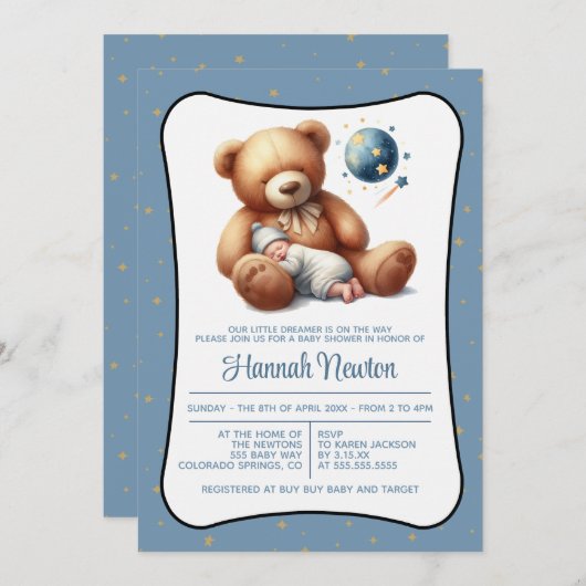 Droombeer babyshower uitnodiging (Voorkant / Achterkant)