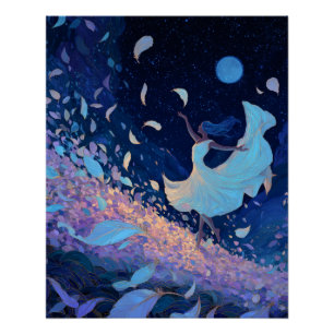 Droomdans onder de Maneschijn Blauwe Fantasie Kuns Perfect Poster