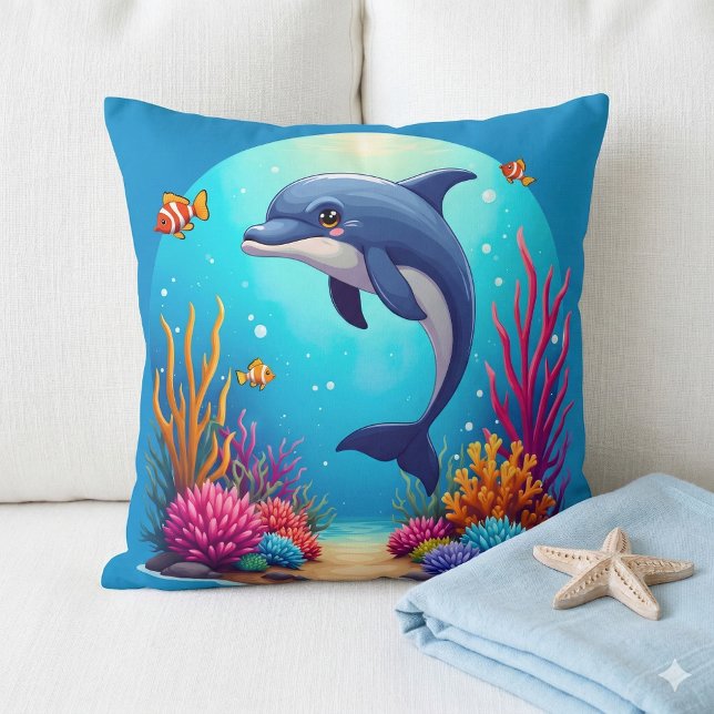 Droomdolfijn in Levendig Koraalrif Kussen (Whimsical Dolphin in Vibrant Coral Reef Throw Pillow Mockup A)