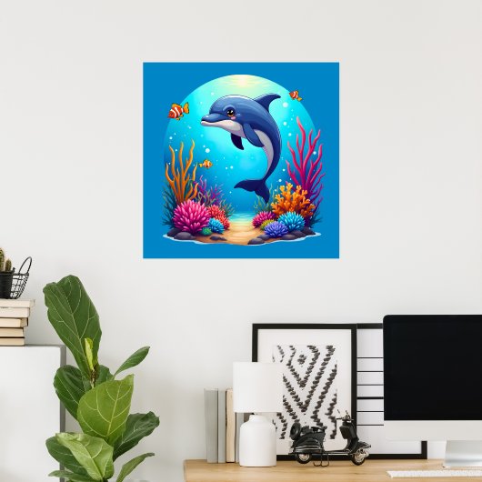 Droomdolfijn in Levendig Koraalrif Poster (Thuiskantoor)