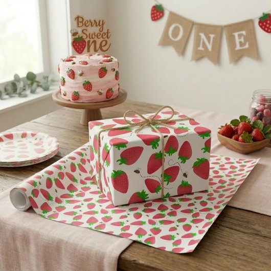 Droomgroene aardbeien met bijen cadeaupapier