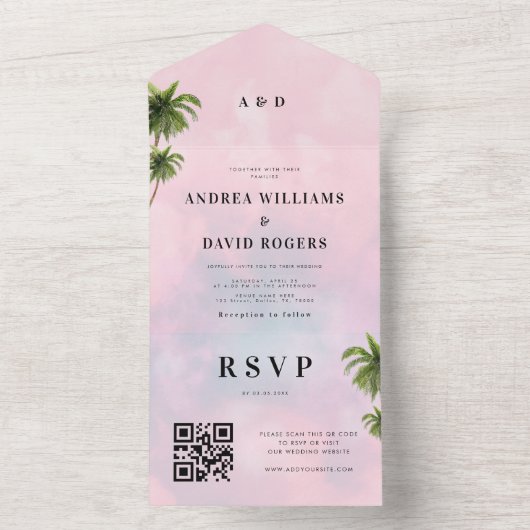 droomkatoenachtig Snoep Roze Tropische QR Code Wed All In One Uitnodiging (Binnen)