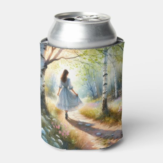 Droommeisje dat door berkenbos danst blikjeskoeler (Blikje Voorkant)