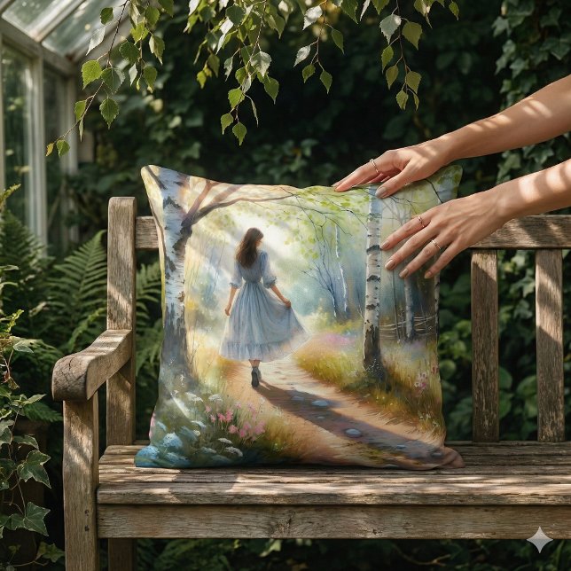 Droommeisje dat door berkenbos danst kussen (Whimsical Girl Dancing Through Birch Forest Throw Pillow Mockup A)